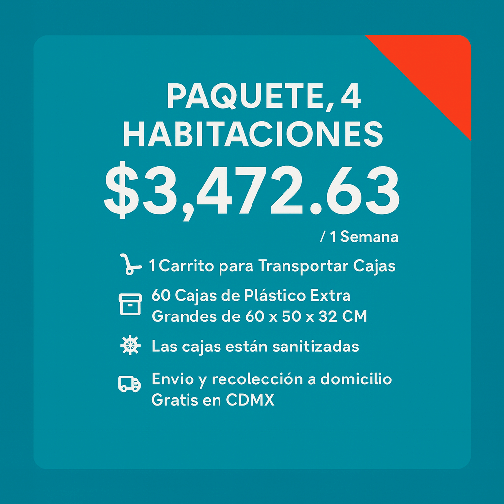 Renta de Cajas de plástico para Mudanza 4 recámaras, Paquete 4 Casa - Renta Cajas Tesili