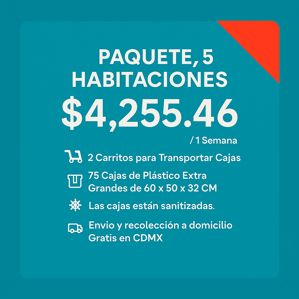 Renta de Cajas de plástico para Mudanza 5 recámaras, Paquete 5 Casa - Renta Cajas Tesili